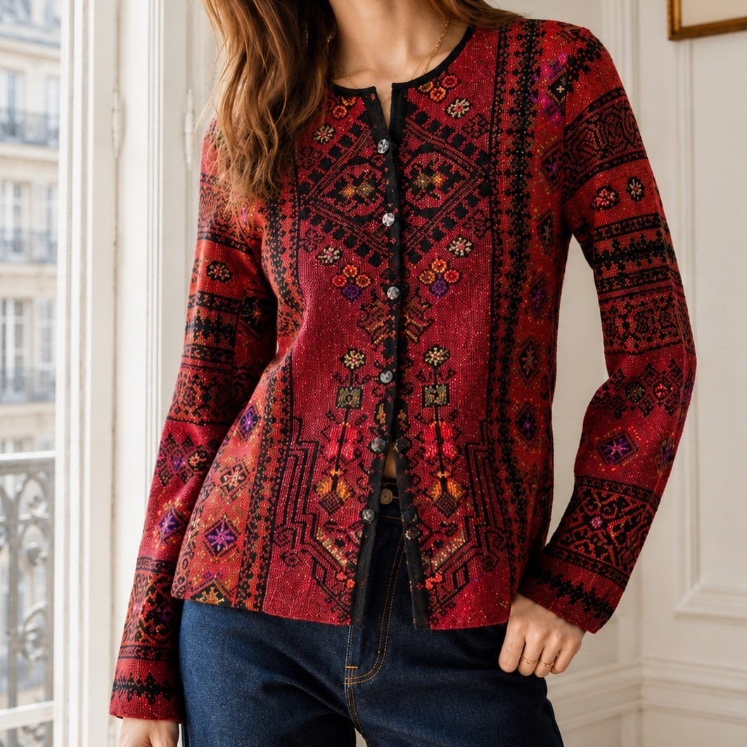 Peruvian Connections Orange Floral Art Alpaca Sweater Cardigan Size Small
